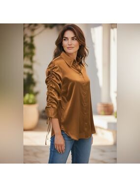 Gold Hawk Camel Ruched Silk Button-down Shirt Size L